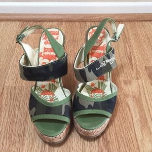 Ed Hardy wedge sandals size 5.
